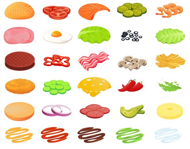 Ingredients burger designer. Constructor of food and meat and vegetables and cheese and fish vector