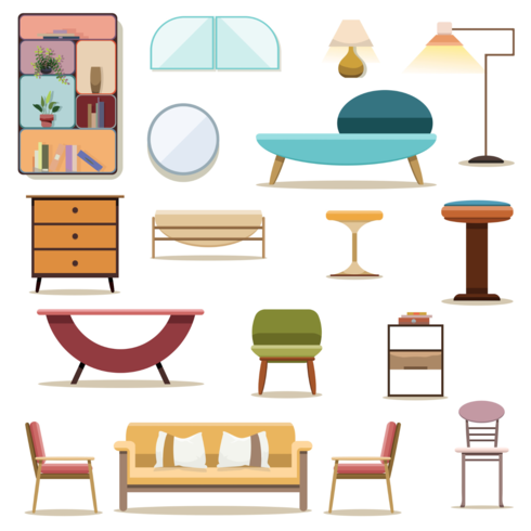 Conjunto de muebles de decoración salón. vector