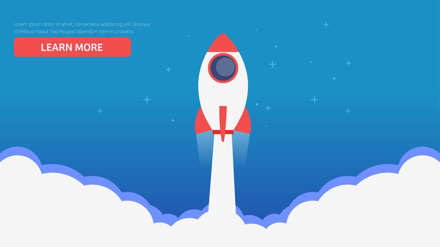 Site Page. A rocket flying out of the clouds.Learn more banner. Vector flat illustration