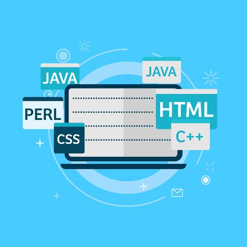 Programming code on laptop banner. Vector flat illustration