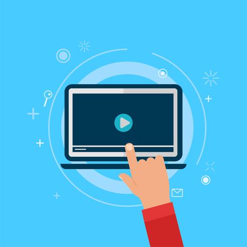 Video tutorial banner. Hand pressing a computer. Vector flat illustration