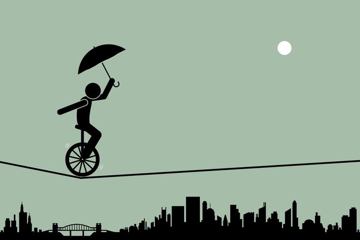 Person riding a unicycle and balancing it with an umbrella going through a tightrope rope with cityscape silhouette at the background. vector