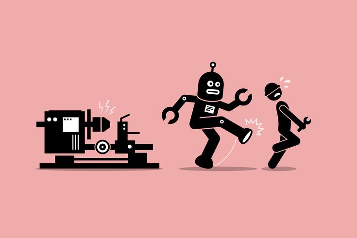 Robot mechanic kicks away a human technician worker from doing his job at factory. vector