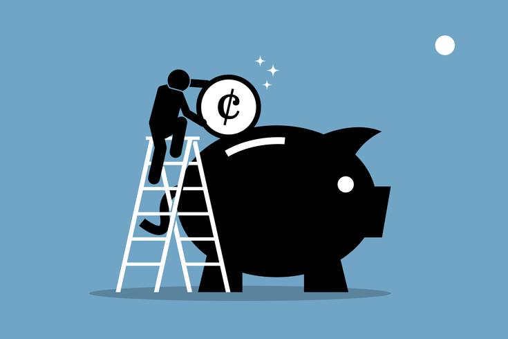 Man climbing up on a ladder and putting money into a big piggy bank. vector