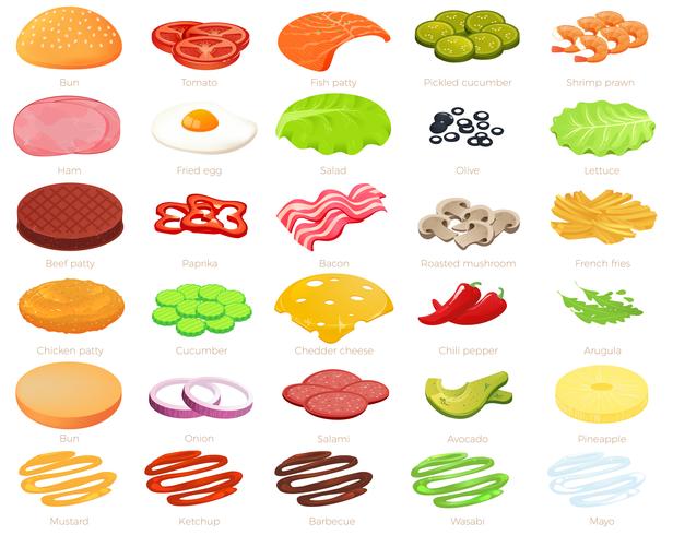 Ingredients burger designer. Constructor of food and meat and vegetables and cheese and fish vector