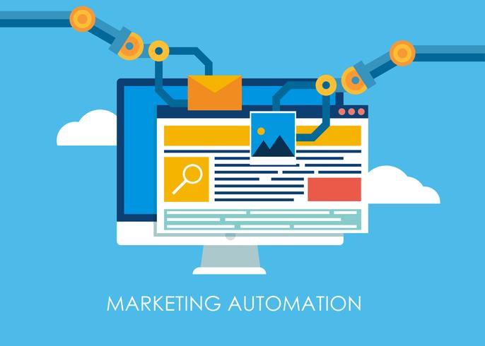 Marketing Automation. Computer with a site that builds the robot's hands. Vector flat illustration