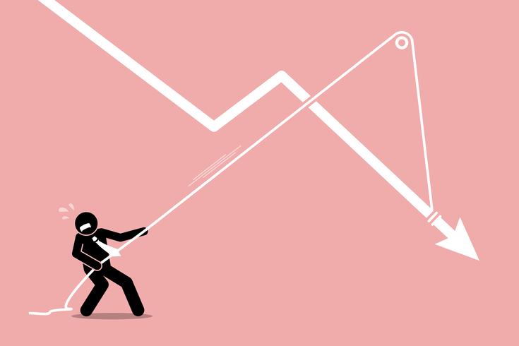 Businessman pulling a falling arrow graph chart from further dropping down. vector