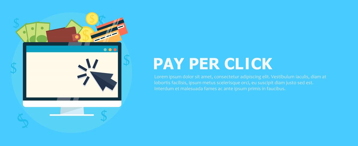 Banner de pago por clic. Ordenador con dinero. Vector ilustración plana