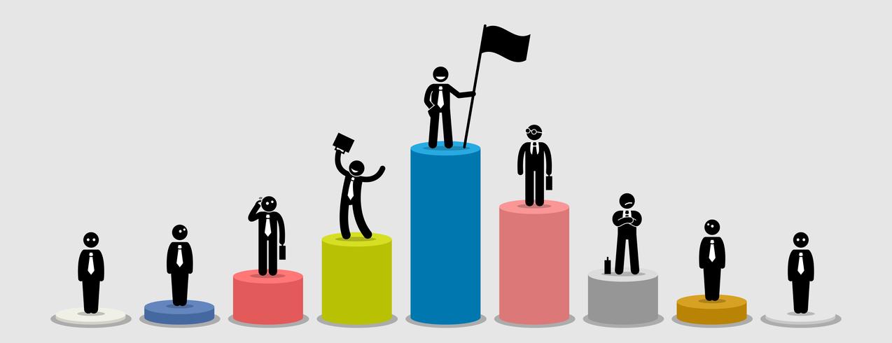 Many different businessman standing on bar charts comparing their financial status. vector