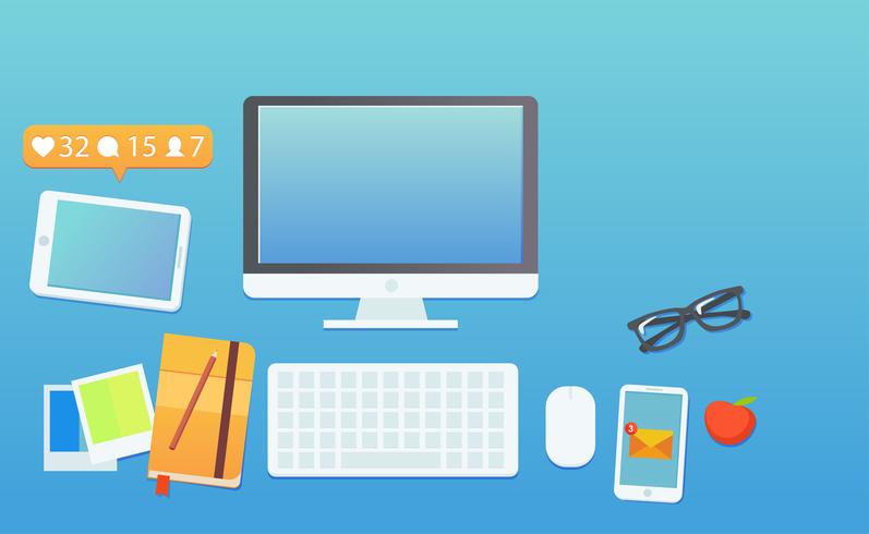 The workplace of a blogger, or a working seo. Computer and alerts on the phone and messages on the phone. Work on the statistics of the blog. flat illustration vector