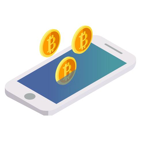 Bitcoin vuela fuera del teléfono. Vector ilustración isométrica