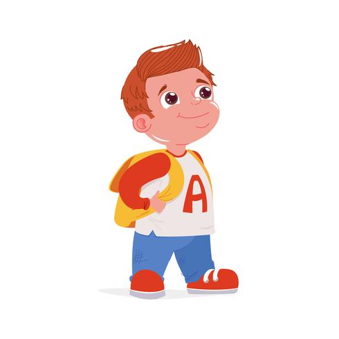 El niño va a la escuela con una bolsa. Día de estudio de los niños. Ilustración vectorial de dibujos animados vector