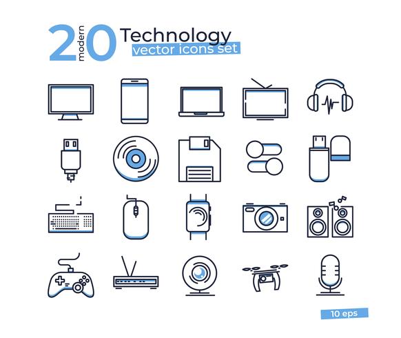 Iconos de objetos de tecnología establecidos para la tienda de diseño en línea. Ilustraciones de vectores de arte de línea delgada