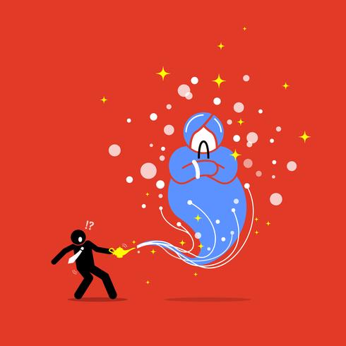 Businessman and a Genie in a lamp. vector