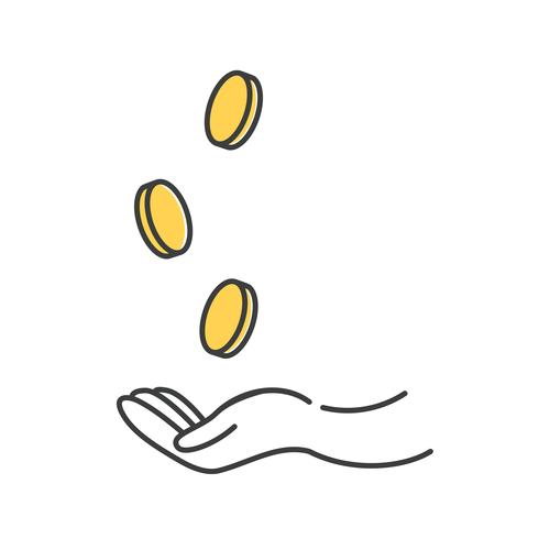 Hacer icono de dinero. Moneda de dólar de oro con manos empresario. Vector línea arte ilustración de dibujos animados
