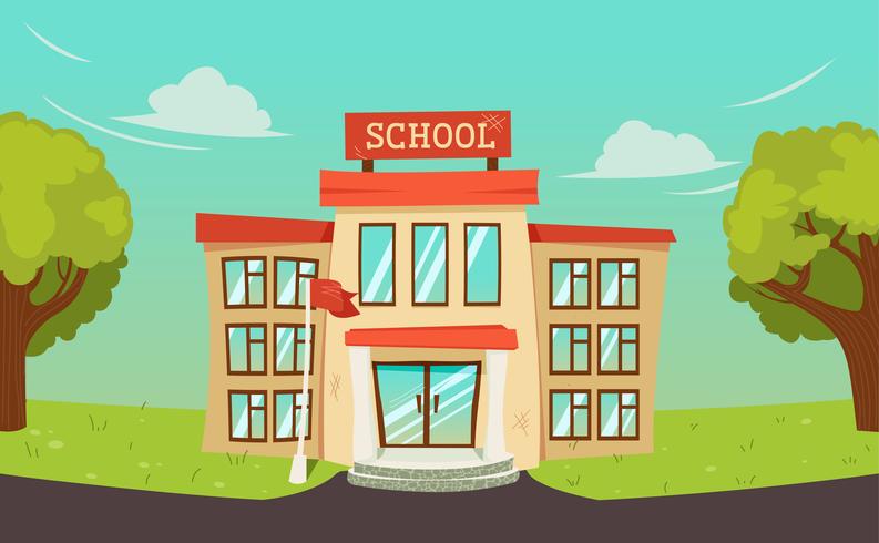 Welcome back to school banner. Street with educational building exterior and green tree. Vector cartoon illustration