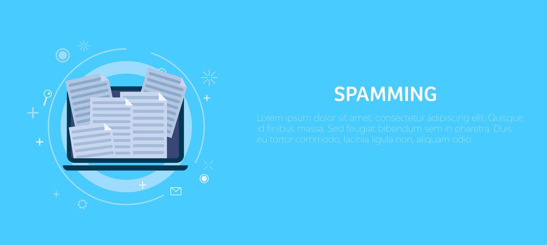 Spamming en el correo informático. Vector ilustración banner plana