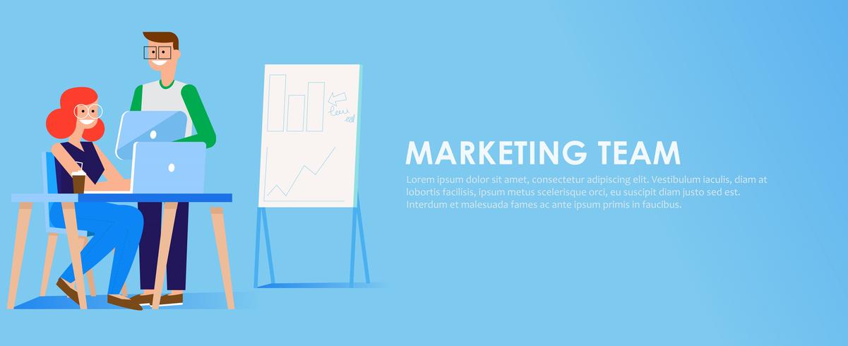 Marketing team banner. Man and woman in the office at the computer and tablet. Graphs, tables and diagrams. Vector flat illustration