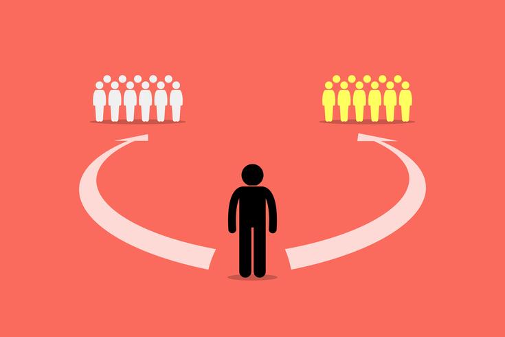 Man choosing to join between two teams or two group of people. vector