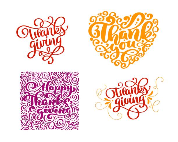Conjunto de texto de caligrafía Gracias por el feliz Día de Acción de Gracias. Citas positivas de la familia de vacaciones letras. Elemento de tipografía diseño gráfico postal o cartel. Vector escrito a mano