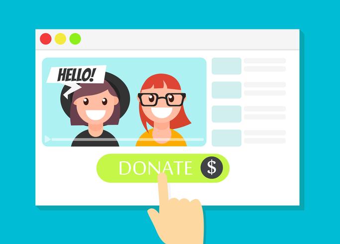 The browser window with the Donate button. Money for videobloggers. Vector flat illustration