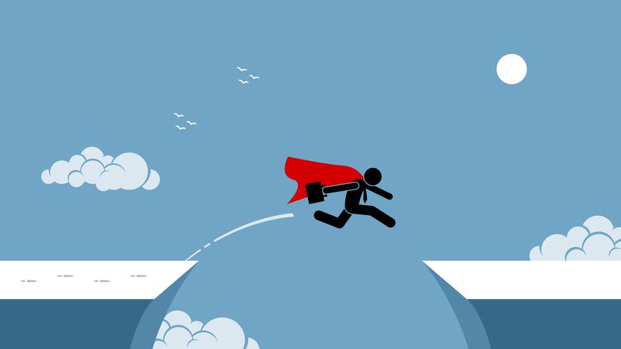 Businessman with red cape taking risk by jumping over a chasm. vector