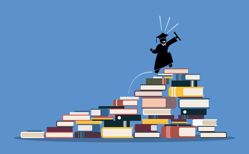 Happy graduating student climbing to the top of book piles. vector