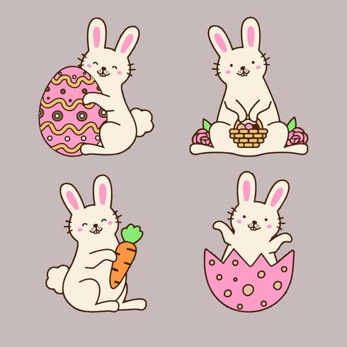 Cute Easter Bunny Collection With Eggs, Flowers And Carrot. vector