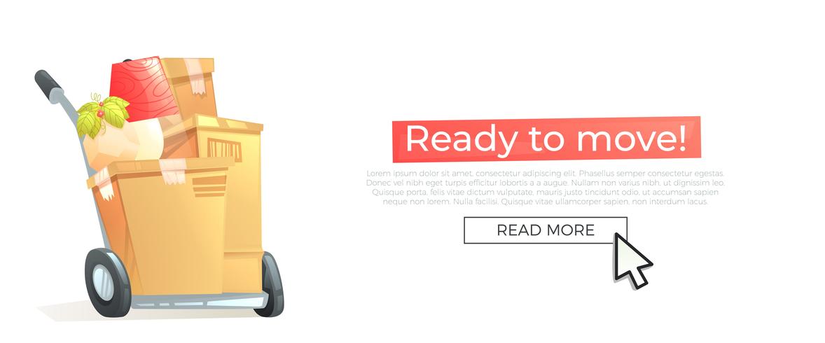 Ready move to new house banner concept. Box and furniture is rides for moving day. Vector cartoon illustration