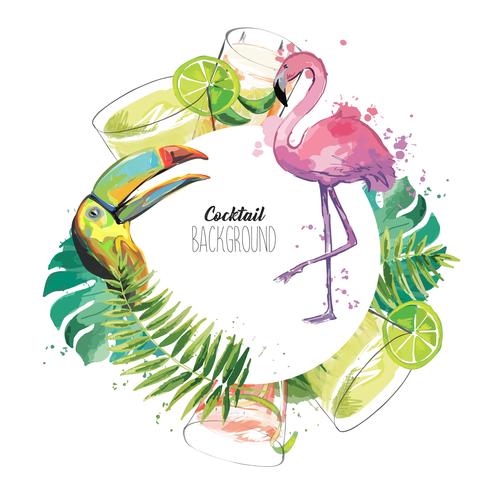 Exotic template design with flamingo, toucan, drinks and tropical leaves. vector