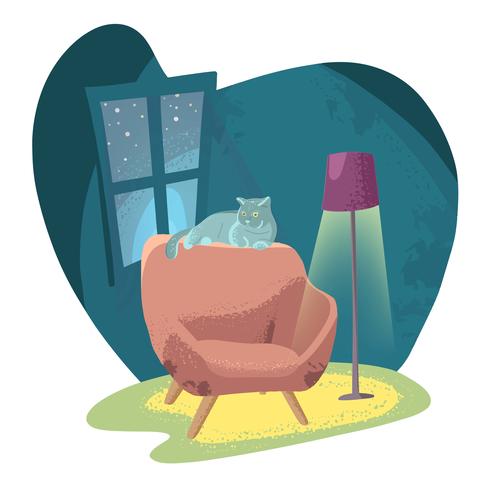 Cozy armchair in a dark room with a floor lamp and cat. vector