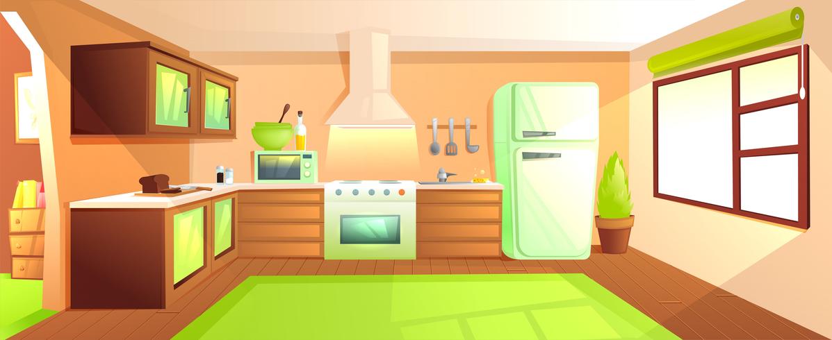 Cocina moderna interior con muebles. Sala de diseño con campana y estufa y microondas y fregadero y refrigerador. Ilustración vectorial de dibujos animados vector