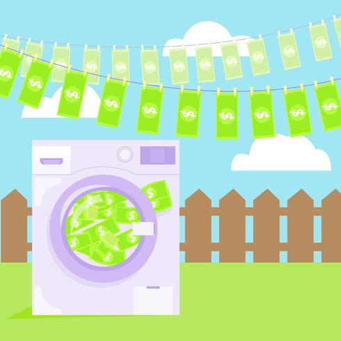 Money laundering in washing machine illustration. Vector flat