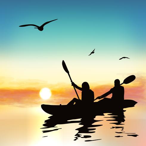 Silhouette of funny girls kayaking. vector