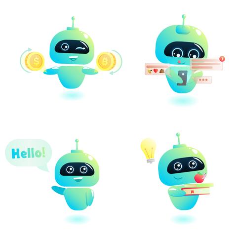 Cute bot character set. Chatbot greets. Online consultation. Vector cartoon illustration