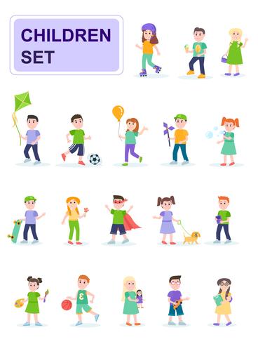 Conjunto de niños en diferentes poses y diferentes actividades. vector