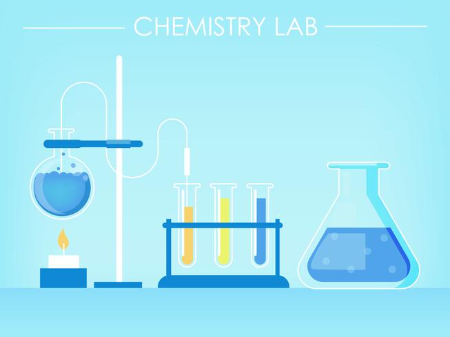 Banner de laboratorio de química. Tubos de ensayo, experimentos, fuego. Vector ilustración plana