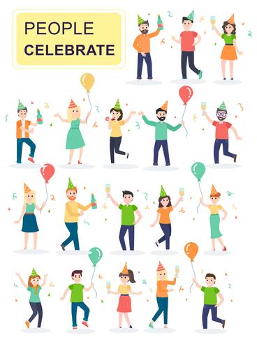 Set of young joyful laughing people jumping with raised hands vector