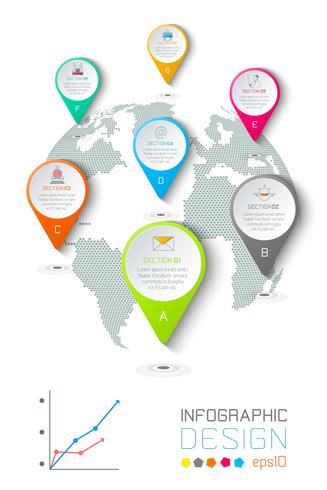 Siete círculos con infografías de iconos de negocios sobre fondo de mapa mundial. vector