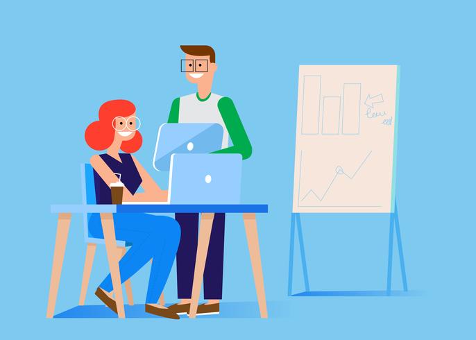 Banner del equipo de marketing. Hombre y mujer en la oficina en la computadora y la tableta. Gráficos, tablas y diagramas. Vector ilustración plana