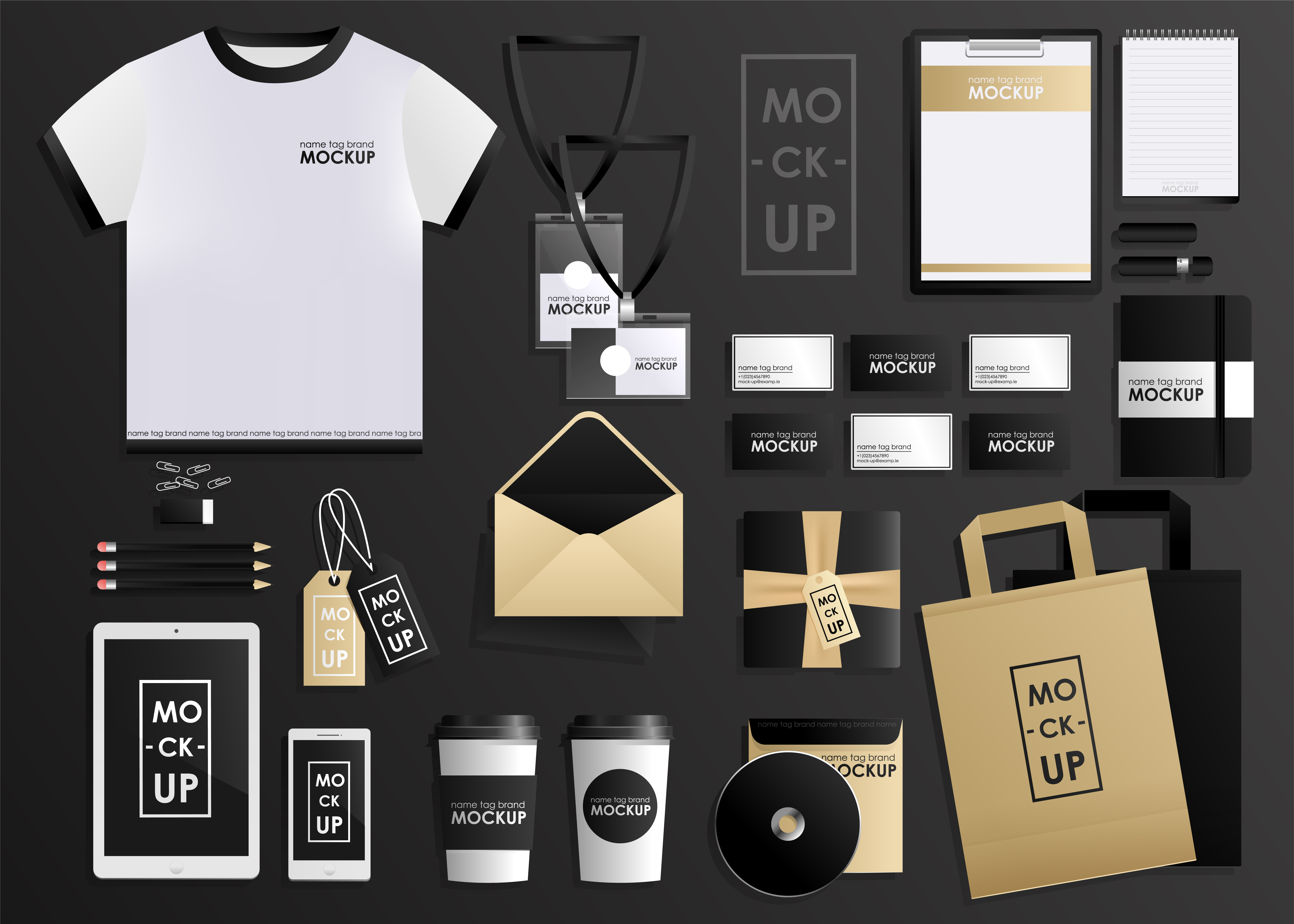 Corporate identity design template set. Mock-up package, tablet