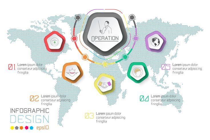 Negocios etiquetas infografía sobre fondo de mapa del mundo. vector