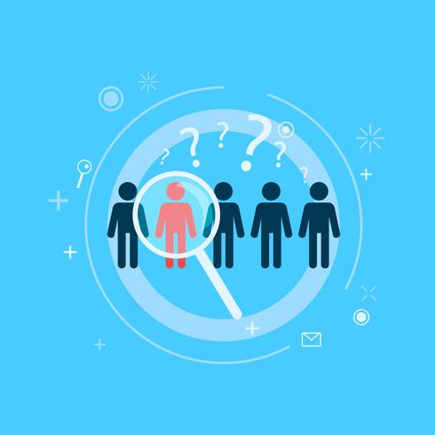 Focus Target group. Five people stand out one with a directional magnifying glass. Vector flat illustration