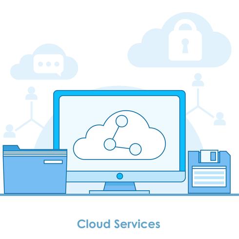 Banner de servicios en la nube. Computadora con almacenamiento en línea, transfiriendo archivos a otros dispositivos. Vector ilustración de línea plana