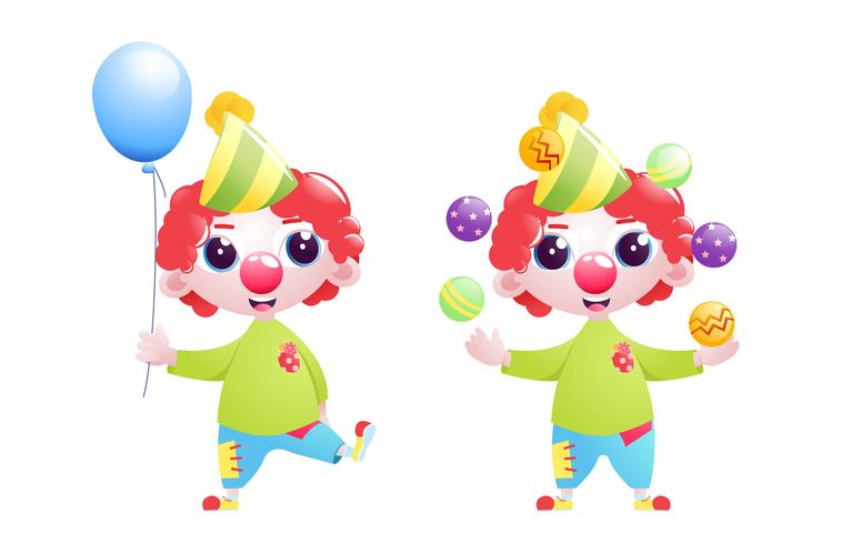 A little boy clown character juggles and jokes and stands with a balloon at the bottom of the birthday . Vector cartoon illustration