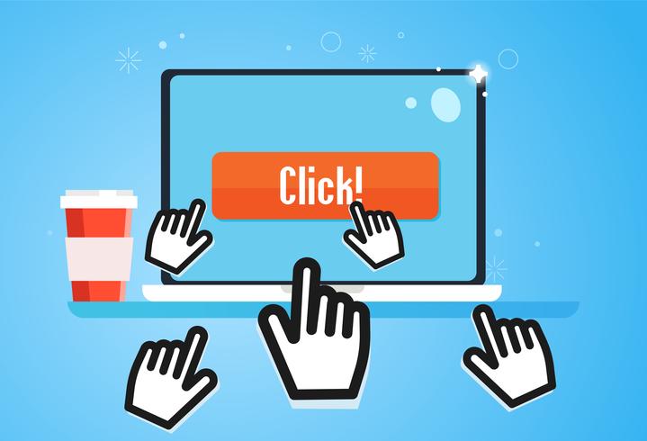 Clickbait. Cursors of the hand fly to the laptop, press the button. Digital Marketing. Vector flat illustration