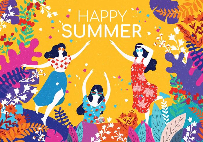 People Enjoying Summer wirh Flowers Border Vector