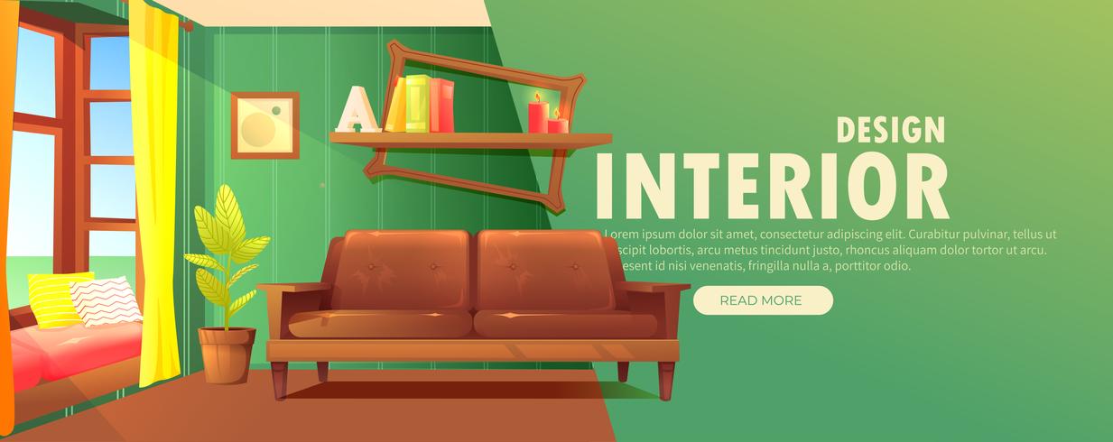 Banner de diseño de interiores. Salón retro con sofá y muebles modernos. vector