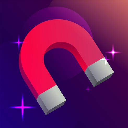 Red horseshoe magnet, magnetism, magnetize, attraction on blue gradient background. Vector illustration