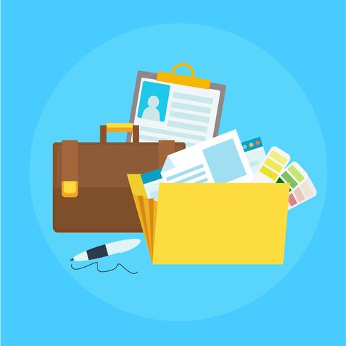 Portfolio banner. Folder with files, briefcase, pen. Vector flat illustration